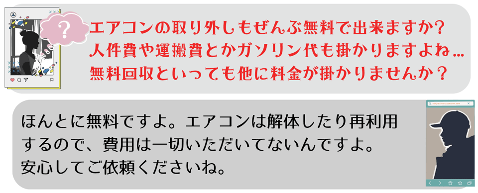 ご質問①エアコンの取り外しも全部無料でできますか?人件費や運搬費とかガソリン代もかかりますよね…無料回収といっても他に料金がかかりませんか?ご返答①ほんとに無料ですよ。エアコンは解体したり再利用するので、費用は一切いただいてないんですよ。安心してご依頼くださいね。